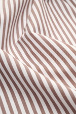 Close-up fabric view of the Gherardi Casual Shirt Kent Collar brown/white striped, photographed from a top angle, showing twill pure cotton, very soft feel, Slim Fit, Kent collar, French placket, classic sport cuff, split back yoke, back waist darts, and 