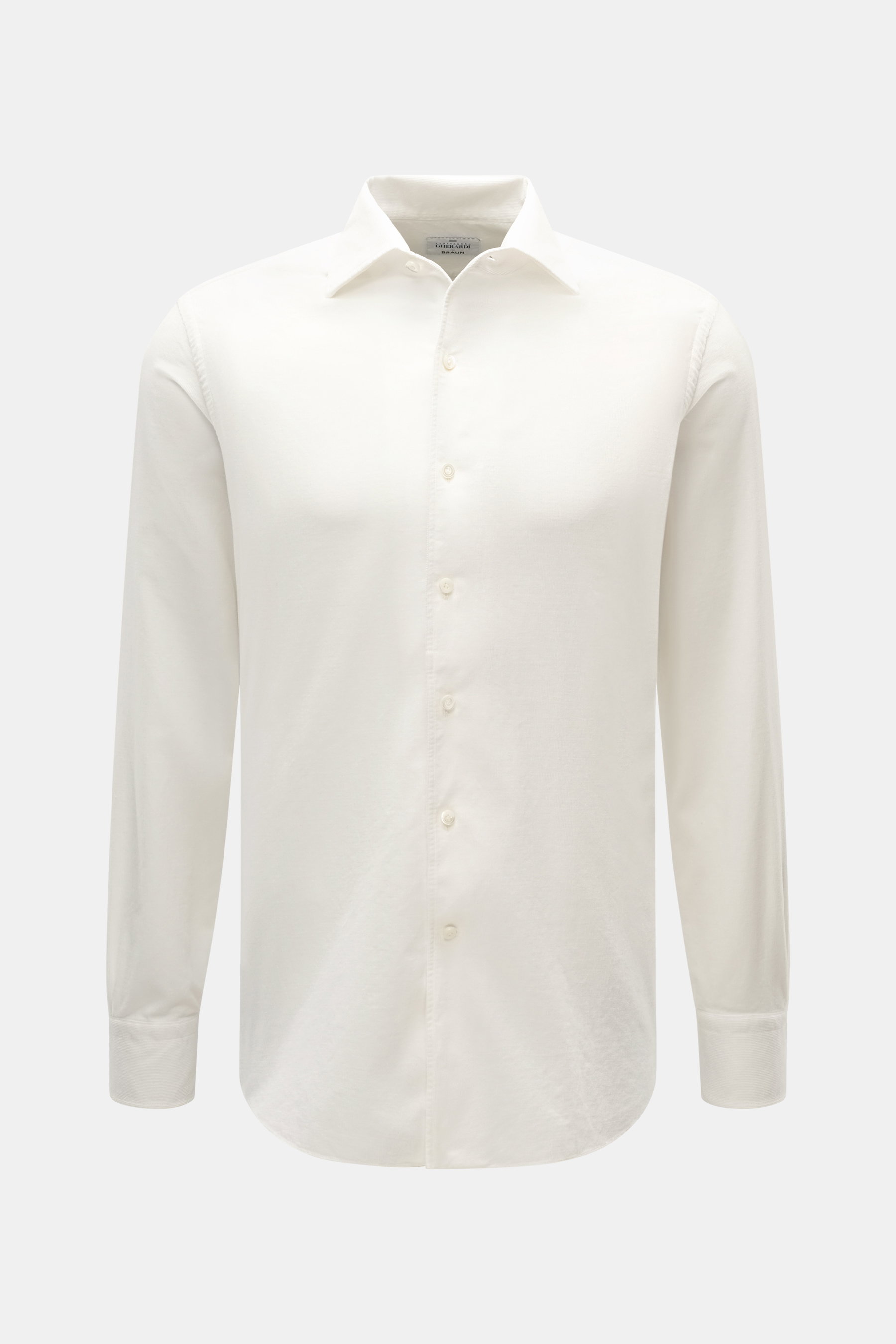 Front view of Gherardi Cord Shirt Shark Collar Offwhite, fine corduroy pure cotton, soft feel, slim fit, shark collar, French button placket, classic sport cuff, back waist darts, rounded hemline.