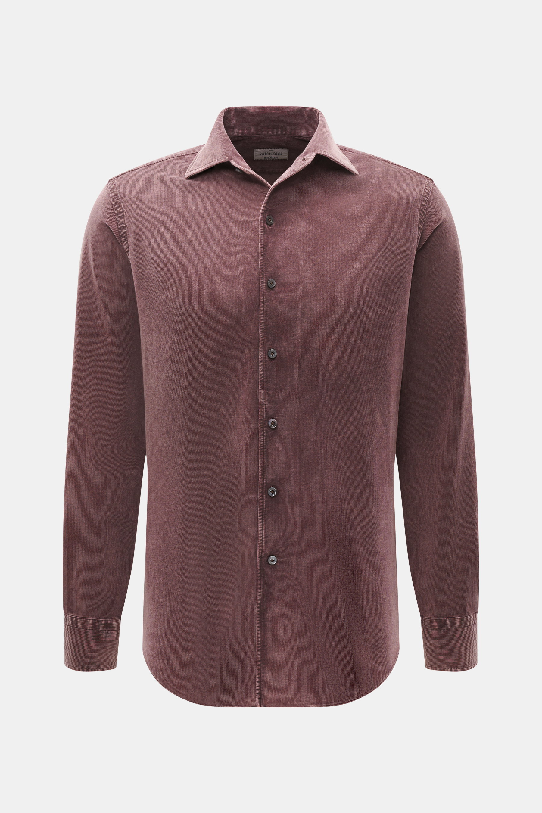 Gherardi Cordhemd Haifisch-Kragen mauve, frontale Ansicht, Cord aus reiner Baumwolle, sehr weicher Griff, garment-dyed, Slim Fit, Haifisch-Kragen, französische Knopfleiste, klassische Sportmanschette, rückseitige Taillenabnäher, gerundeter Saumverlauf.