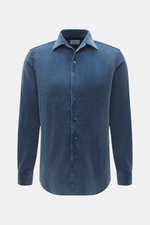 Front view of Gherardi Corduroy shirt shark collar smoky blue, slim fit, garment-dyed, pure cotton corduroy, soft feel, French button placket, classic sport cuff, back waist darts, rounded hemline.
