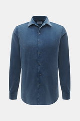Front view of Gherardi Corduroy shirt shark collar smoky blue, slim fit, garment-dyed, pure cotton corduroy, soft feel, French button placket, classic sport cuff, back waist darts, rounded hemline.
