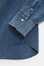 Gherardi Corduroy shirt shark collar smoky blue shown from a close-up top-down perspective, featuring corduroy made of pure cotton, very soft feel, garment-dyed, slim fit, shark collar, French button placket, classic sport cuff, back waist darts, and roun