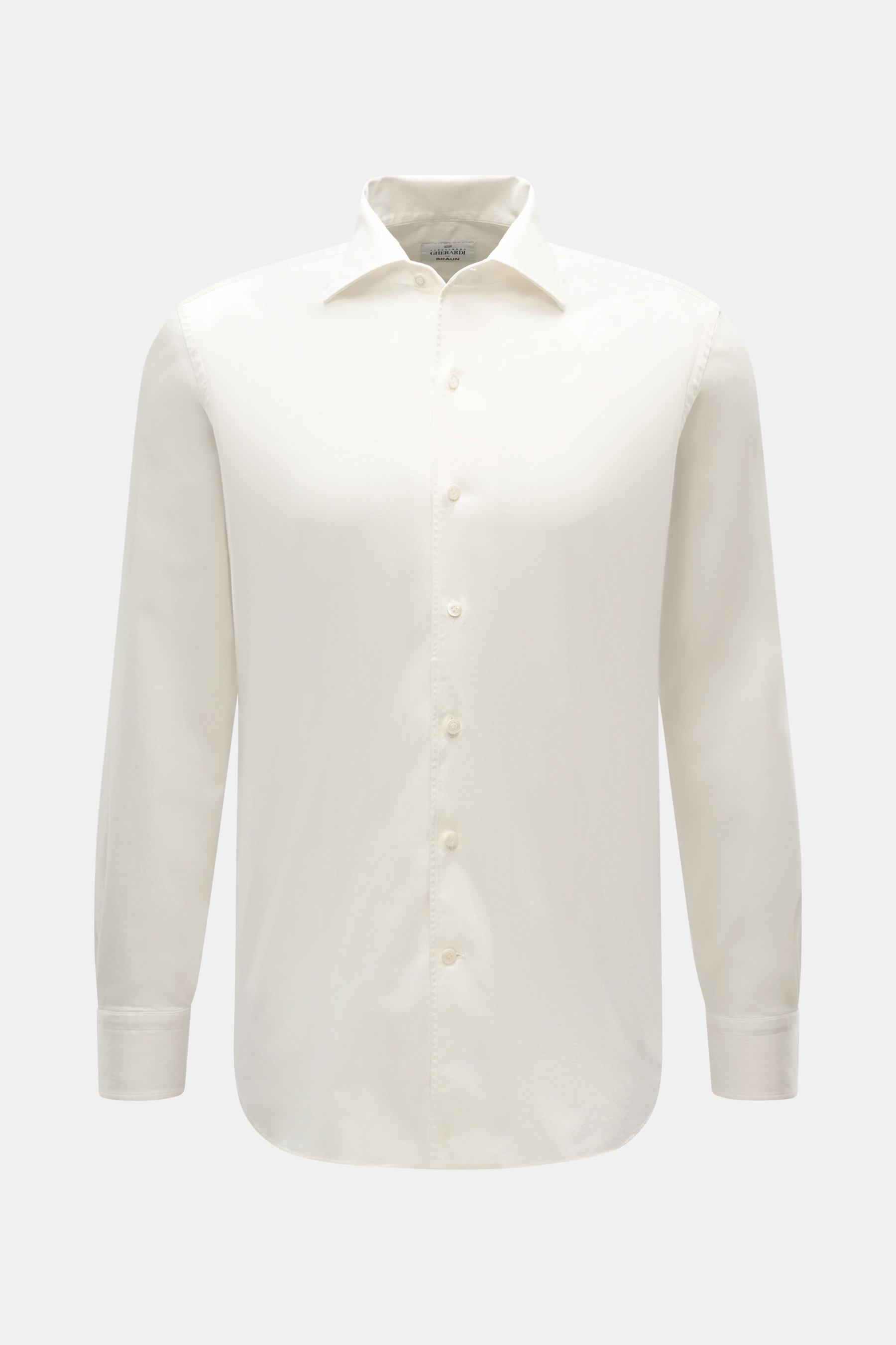 Front view of the Gherardi Casual Shirt Shark Collar Cream, an elegant casual shirt in soft, slightly elastic cotton with sport cuffs.