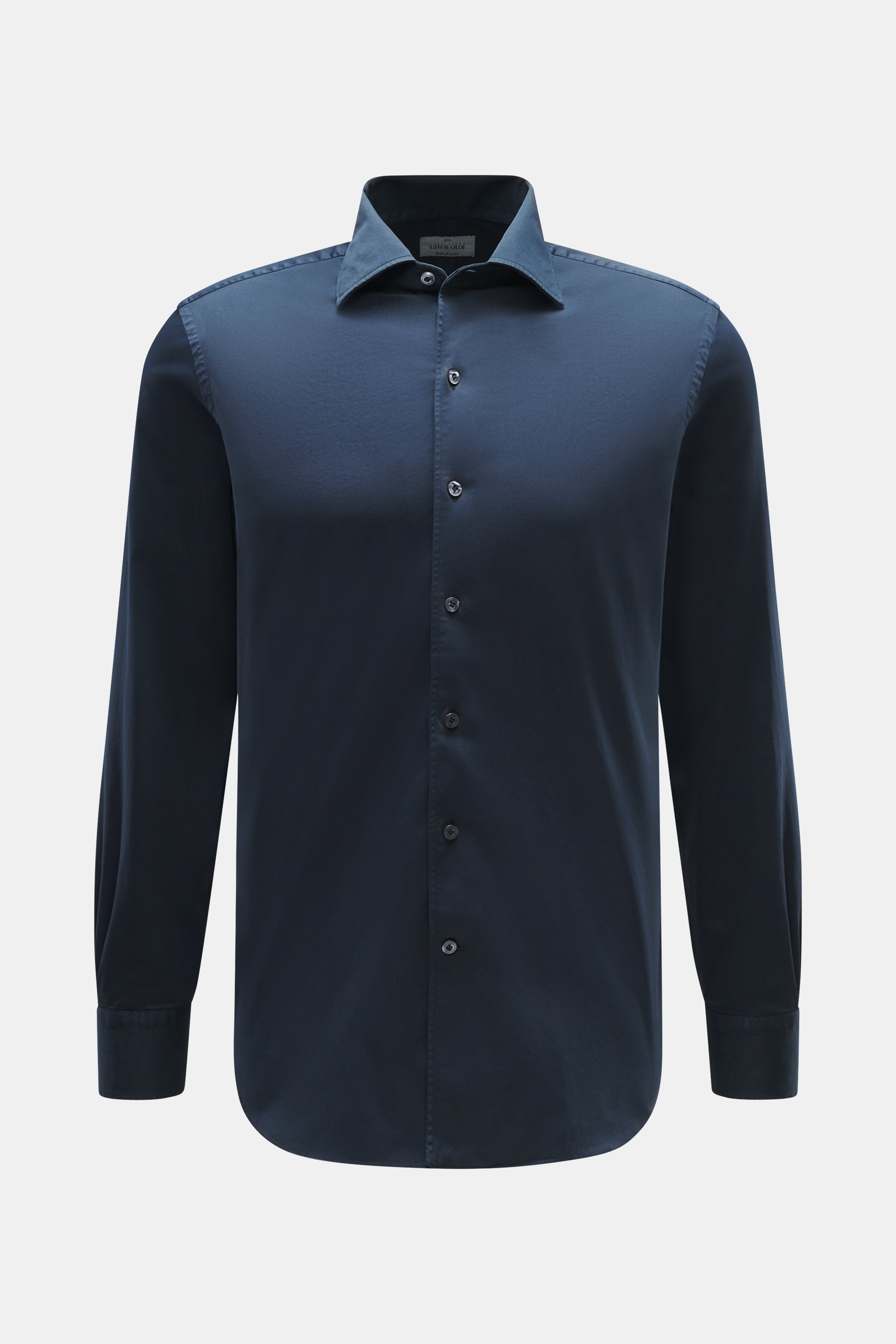 Front view of Gherardi Casual Shirt Shark Collar Navy, an extra slim fit elegant casual shirt with sport cuffs in soft, slightly elastic navy cotton.

<p>Elegant casual shirt with sport cuffs by GHERARDI: soft cotton with a slight stretch content makes it