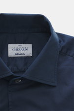 Gherardi Casual Hemd Haifisch-Kragen navy, Nahaufnahme von oben, feiner Gabardine, weiche, elastische Baumwolle, französische Knopfleiste, Sportmanschette.