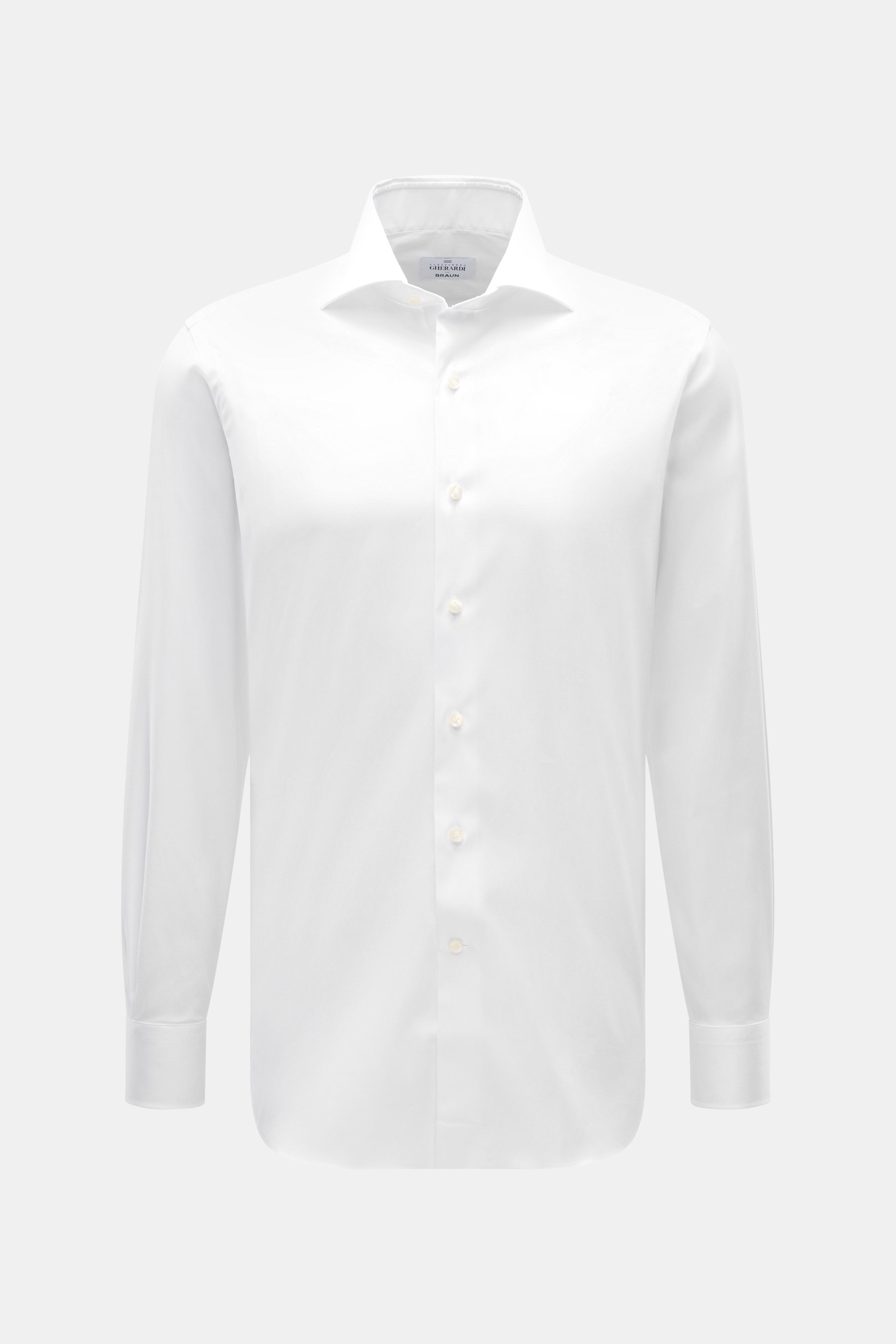 Front view of Gherardi Casual shirt shark collar white, elastic cotton, soft touch, lightweight quality, slim fit with shark collar, French placket, classic sport cuff, back waist darts, and rounded hem.