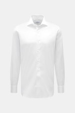 Front view of Gherardi Casual shirt shark collar white, elastic cotton, soft touch, lightweight quality, slim fit with shark collar, French placket, classic sport cuff, back waist darts, and rounded hem.