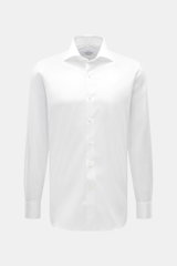 Front view of Gherardi Casual shirt shark collar white, elastic cotton, soft touch, lightweight quality, slim fit with shark collar, French placket, classic sport cuff, back waist darts, and rounded hem.