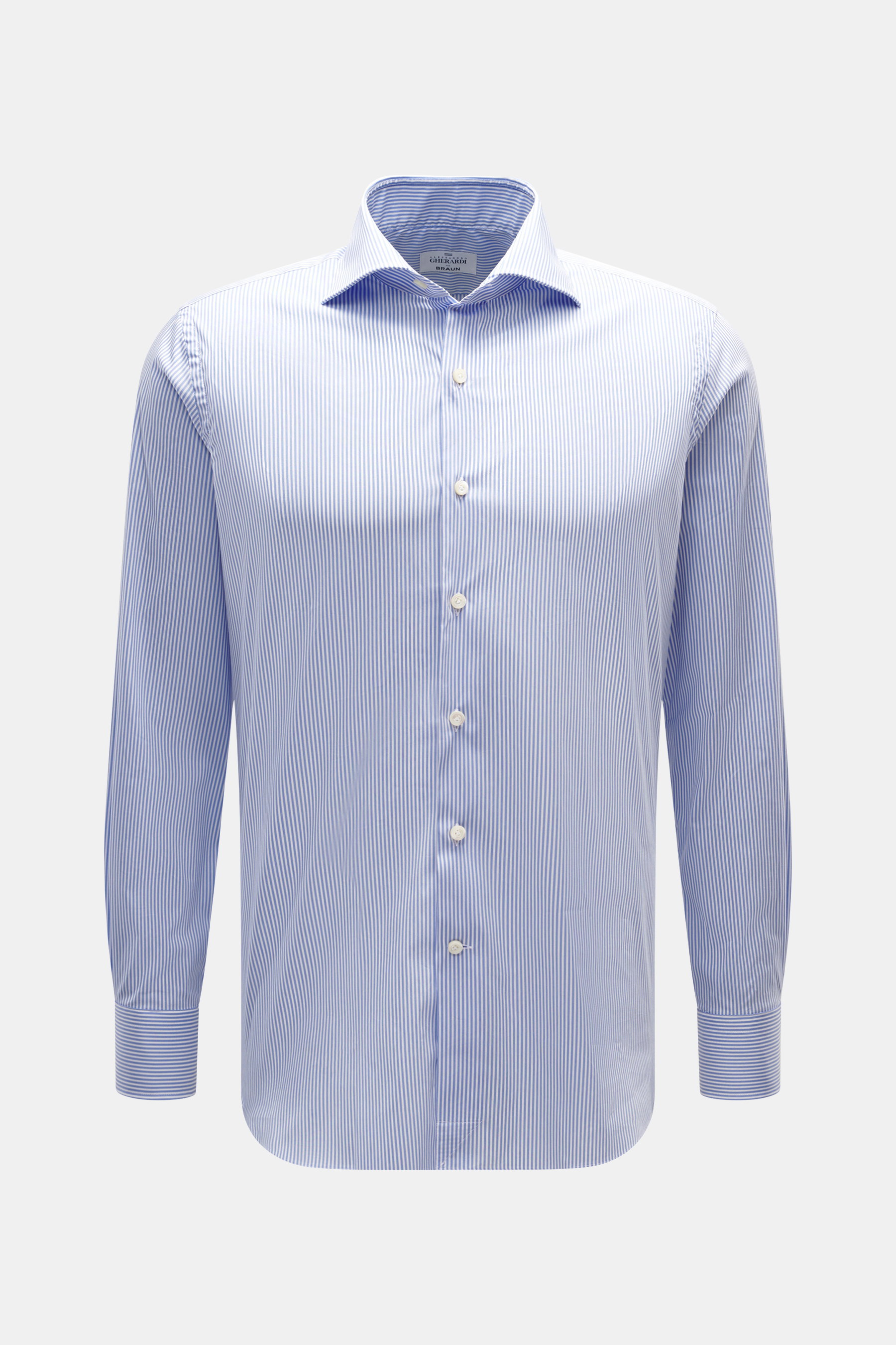 Gherardi Casual Hemd Haifisch-Kragen weiß/blau gestreift, Slim Fit, glatter Griff, Mix Baumwolle/Microfaser, Haifisch-Kragen, französische Knopfleiste, Sportmanschette, Taillenabnäher, gerundeter Saum, frontale Perspektive.