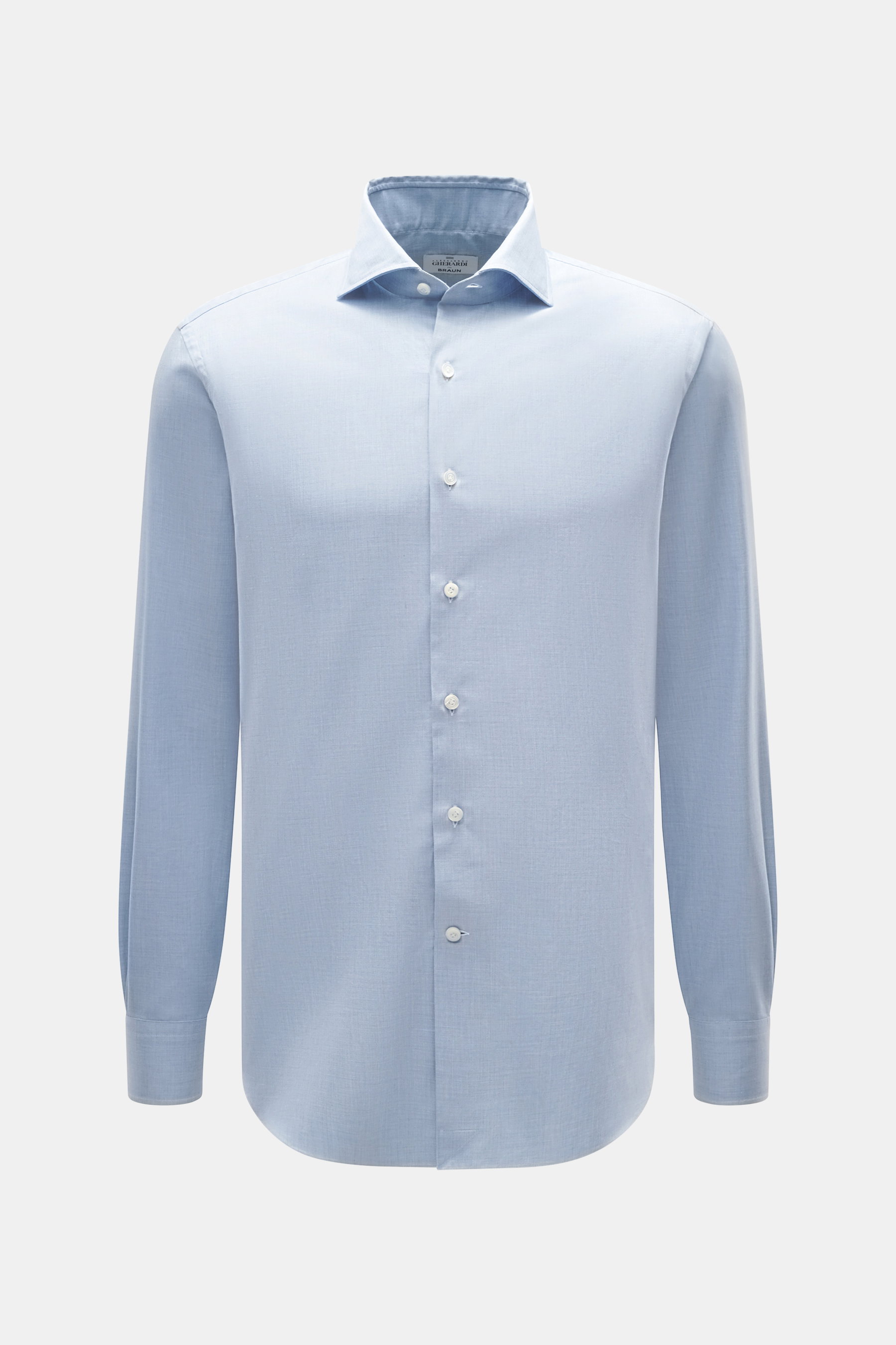 Gherardi Casual Hemd Haifisch-Kragen hellblau meliert, slim fit, aus feiner Baumwoll-Gabardine mit Sportmanschette, frontal fotografiert.