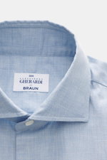 Gherardi Casual Hemd Haifisch-Kragen hellblau meliert, Vorderansicht, feiner Baumwoll-Gabardine, Slim Fit, Sportmanschette, weicher Griff, leichte Qualität.