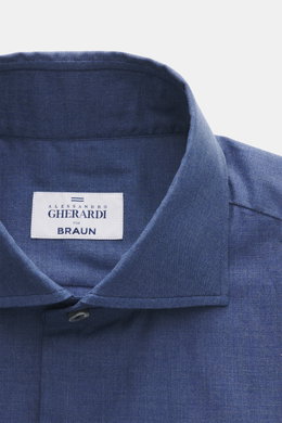 Gherardi Casual Hemd Haifisch-Kragen graublau meliert, Detailansicht von oben, feiner Baumwoll-Gabardine, Slim Fit, Sportmanschette, weicher Griff.