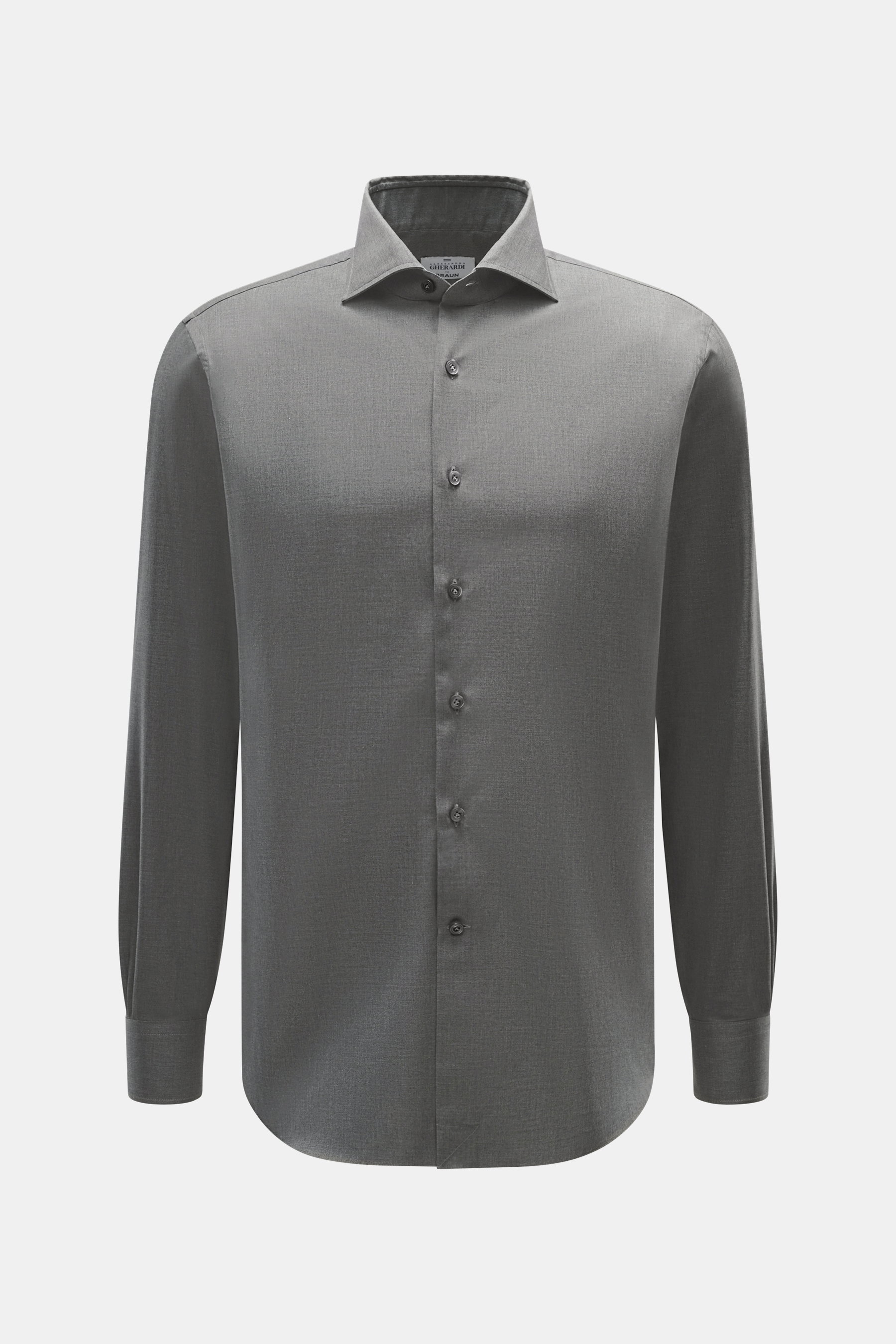 Gherardi Casual Hemd Haifisch-Kragen dunkelgrau meliert, Slim Fit, feiner Baumwoll-Gabardine, Sportmanschette, Frontansicht, leichter Griff.