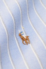 Polo Ralph Lauren Oxford shirt with button-down collar blue/dark grey/white striped, close-up front view showing fabric texture and chest logo. <p>Timeless Oxford elegance: This shirt by POLO RALPH LAUREN combines a sporty character with a classic striped