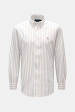Front view of Polo Ralph Lauren Oxford shirt button-down collar off-white/blue/black striped with classic barrel cuffs and polo player stitching.

Description: 
<p>Timeless Oxford elegance: This shirt by POLO RALPH LAUREN combines a sporty character with 