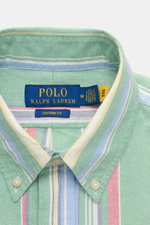 Close-up front view of Polo Ralph Lauren Oxford shirt button-down collar green/multicolour striped with soft pure cotton, modern stripes, slim fit, patch button placket, signature stitching, classic barrel cuffs, split back yoke with inverted pleat, and r