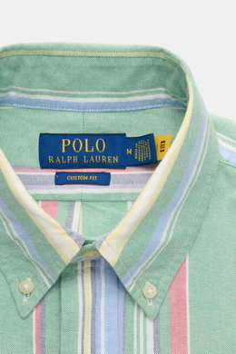 Close-up front view of Polo Ralph Lauren Oxford shirt button-down collar green/multicolour striped with soft pure cotton, modern stripes, slim fit, patch button placket, signature stitching, classic barrel cuffs, split back yoke with inverted pleat, and r
