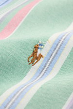 Close-up front-side view of Polo Ralph Lauren Oxford shirt button-down collar green/multicolour striped fabric with embroidered logo.

<p>A modern take on the classic Oxford shirt: POLO RALPH LAUREN has added colourful stripes to the essential piece to cr
