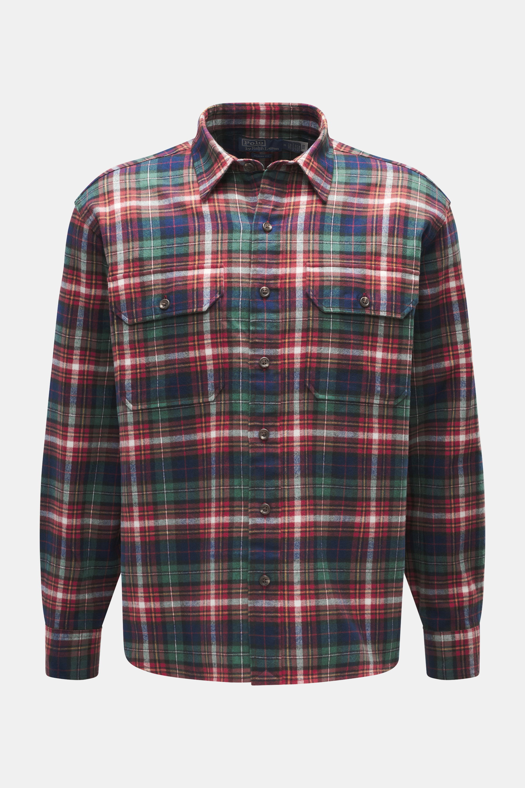 Polo Ralph Lauren Flannel shirt narrow collar multicolor checkered shown from front, flannel made of pure cotton, soft touch, classic check pattern, regular fit, narrow collar, patch chest pockets with flap, patch button placket, classic sport cuff, round