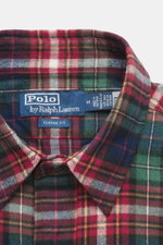 Polo Ralph Lauren Flanellhemd schmaler Kragen multicolor kariert, Detailansicht von oben, Flanell aus reiner Baumwolle, weicher Griff, klassisches Karo-Design, Regular Fit, schmaler Kragen.