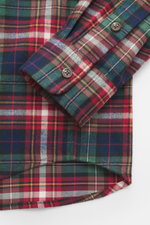 Polo Ralph Lauren Flannel shirt narrow collar multicolor checkered shown from above, flannel pure cotton, soft touch, classic check pattern, regular fit, narrow collar, patch chest pockets with flap, patch button placket, classic sport cuff, rounded hem.