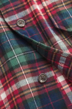 Close-up front view of Polo Ralph Lauren Flannel shirt narrow collar multicolor checkered showing a patch button placket and soft pure cotton flannel fabric with classic check pattern, featuring regular fit, narrow collar, patch chest pockets with flap, c