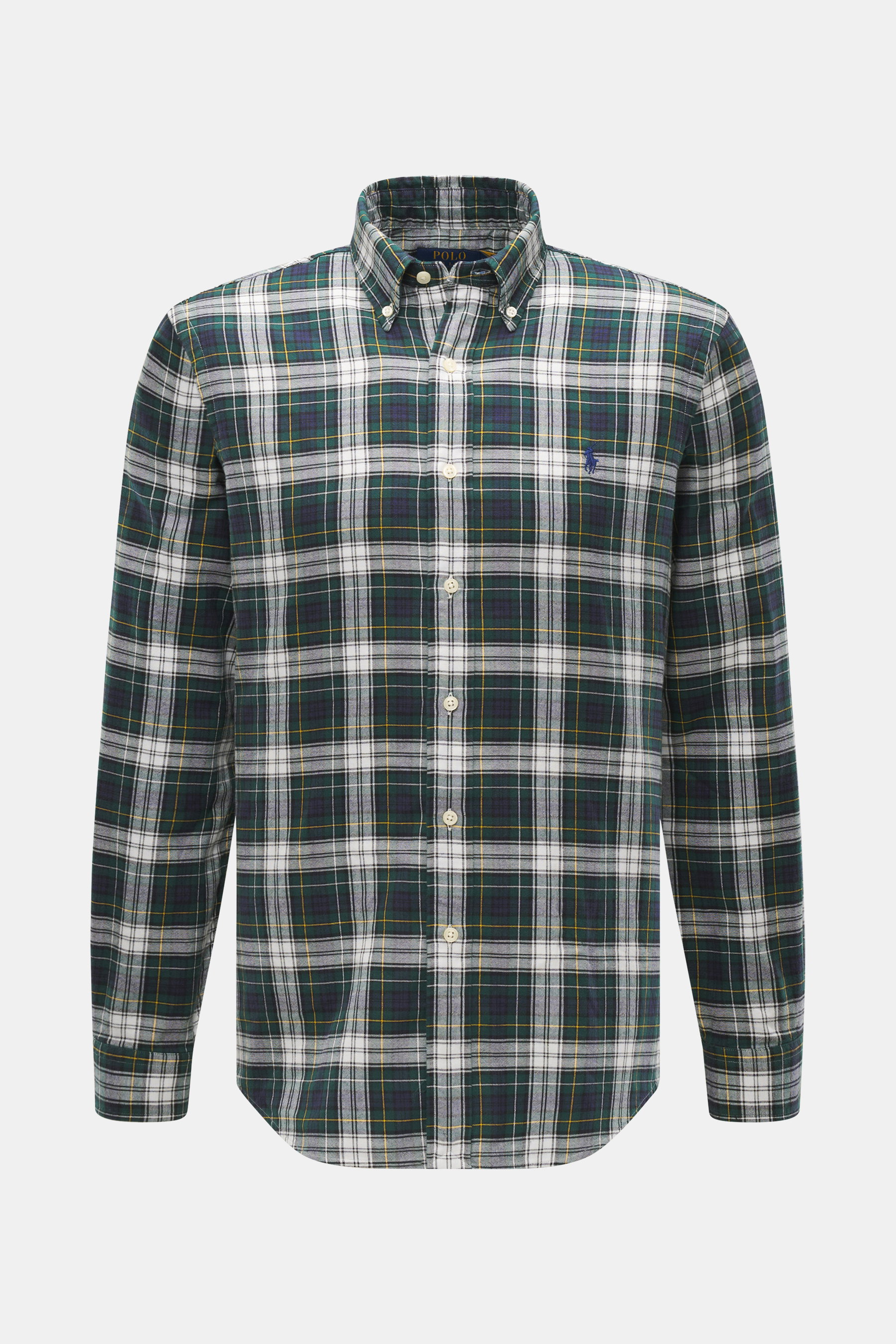 Polo Ralph Lauren Oxford-Hemd Button-Down-Kragen dunkelgrün/weiß kariert, frontale Nahaufnahme, weicher Griff, klassisches Karo, Polospieler-Stitching.