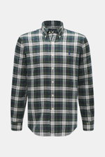 Polo Ralph Lauren Oxford-Hemd Button-Down-Kragen dunkelgrün/weiß kariert, frontale Nahaufnahme, weicher Griff, klassisches Karo, Polospieler-Stitching.