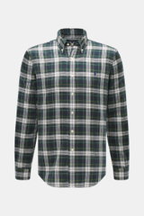 Polo Ralph Lauren Oxford-Hemd Button-Down-Kragen dunkelgrün/weiß kariert, frontale Nahaufnahme, weicher Griff, klassisches Karo, Polospieler-Stitching.