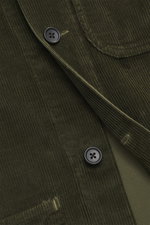 Close-up front view of Polo Ralph Lauren Cord overshirt olive, corduroy made from pure cotton, soft touch, slim fit, turn-down collar, five-button placket, patch chest pocket with logo stitching, patch front pockets, sleeve cuffs with button, straight hem