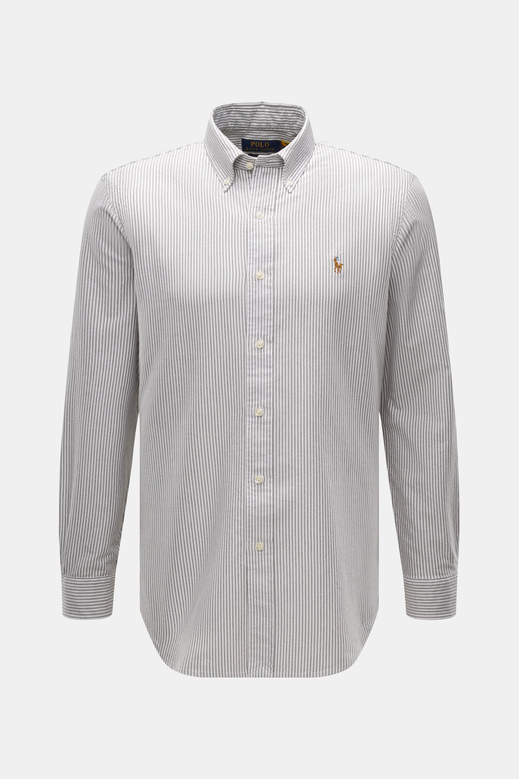 Front view of Polo Ralph Lauren Oxford Shirt Button-Down Collar Black/White Striped, made of pure cotton with striped pattern, button-down collar, chest logo embroidery, pleated back yoke, and rounded hem, showcasing its slim fit and classic sport cuffs. 