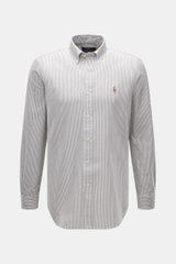 Front view of Polo Ralph Lauren Oxford Shirt Button-Down Collar Black/White Striped, made of pure cotton with striped pattern, button-down collar, chest logo embroidery, pleated back yoke, and rounded hem, showcasing its slim fit and classic sport cuffs. 
