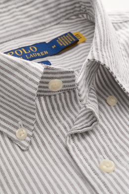 Close-up angled view of the Polo Ralph Lauren Oxford Shirt Button-Down Collar Black/White Striped, showing striped pure cotton fabric, button-down collar with detailed buttons, and visible brand label inside collar. Stylish classic with attention to detai