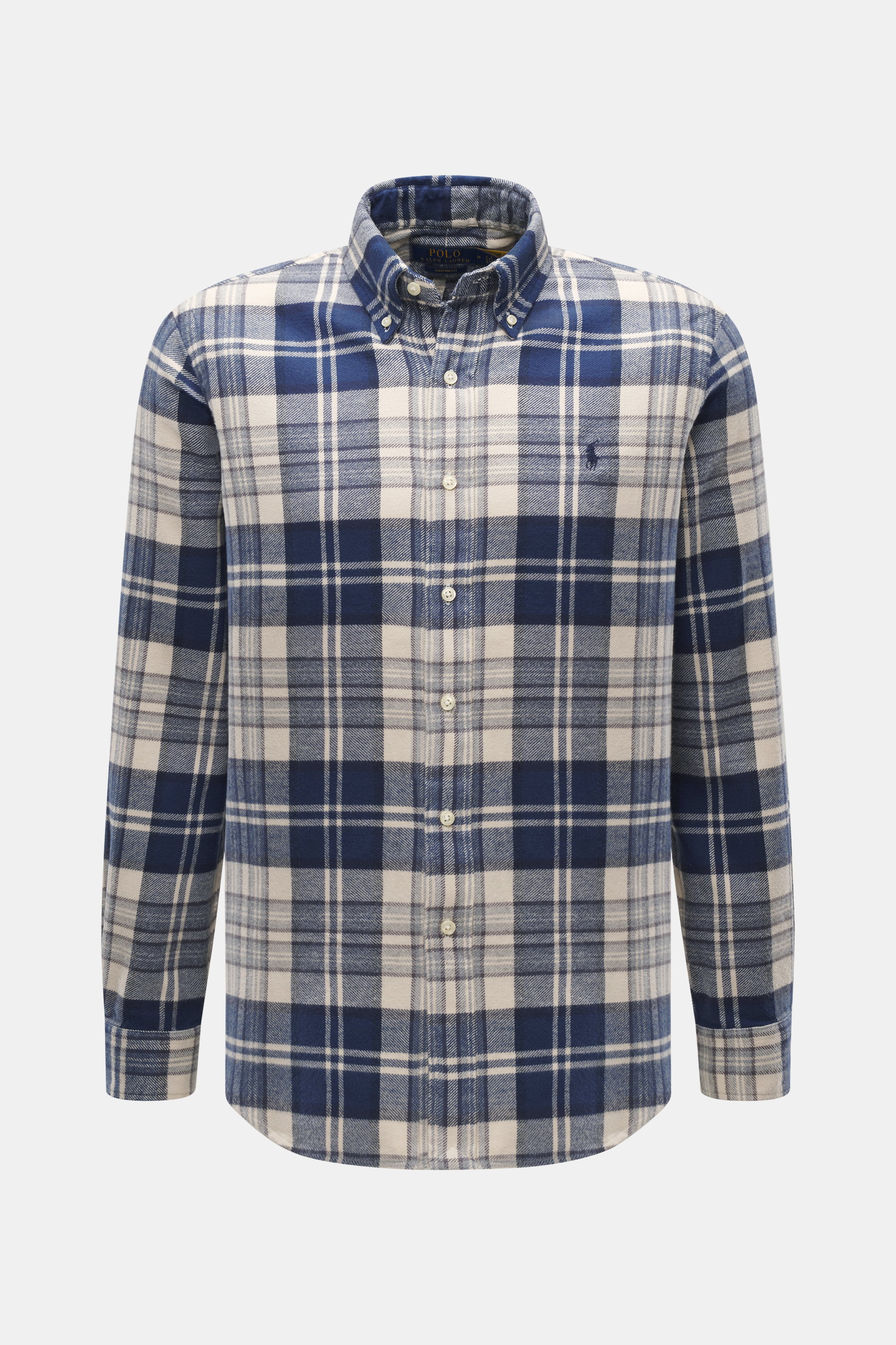 Polo Ralph Lauren Flanellhemd Button-Down-Kragen sand/navy/grau kariert, weiches Karohemd aus Baumwollflanell, Frontansicht mit Knopfleiste und Stick-Logo.