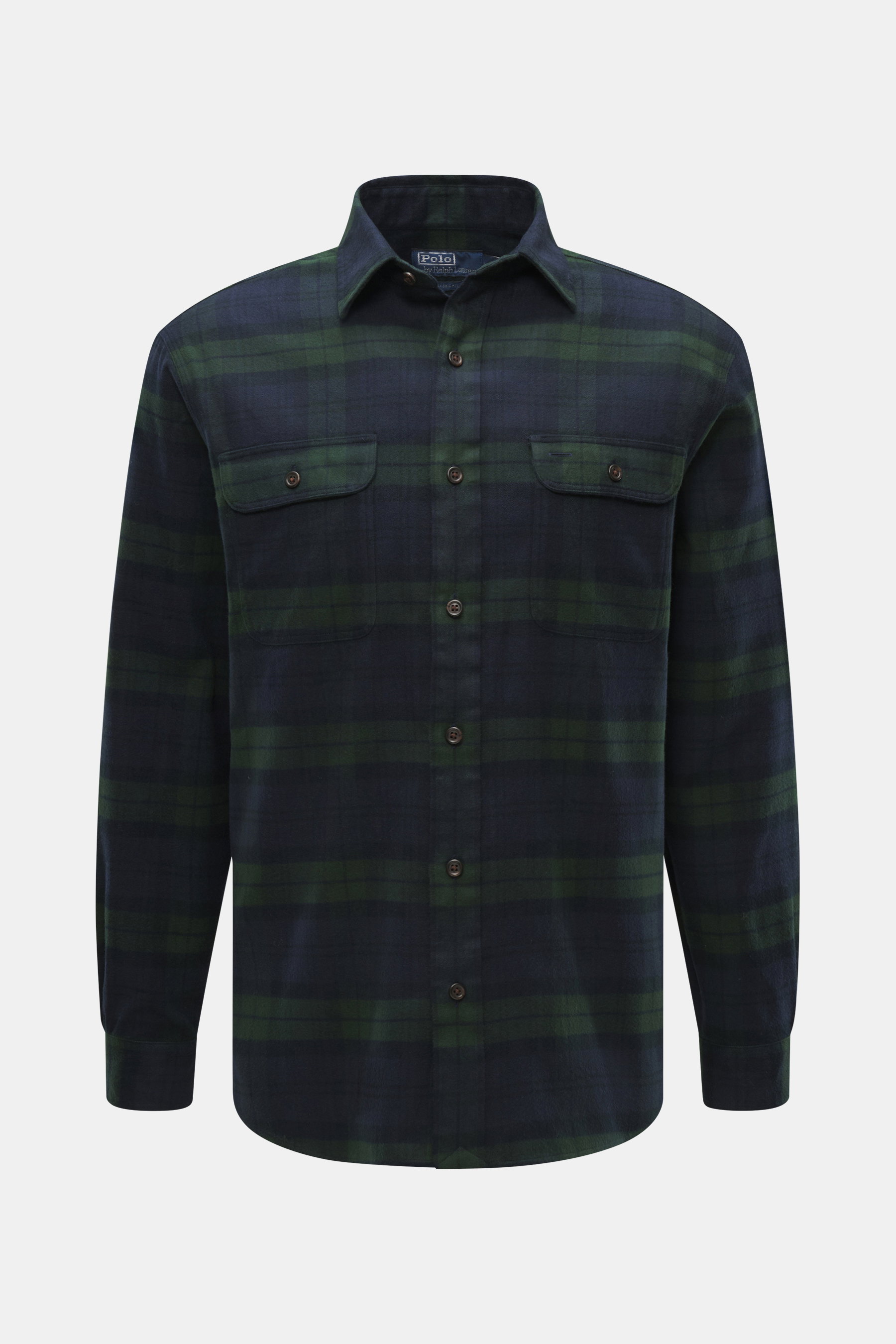 Polo Ralph Lauren Flanellhemd schmaler Kragen navy/dunkelgrün kariert, frontale Nahaufnahme, weicher Baumwoll-Flanell, Regular Fit, Brusttaschen.