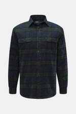 Polo Ralph Lauren Flanellhemd schmaler Kragen navy/dunkelgrün kariert, frontale Nahaufnahme, weicher Baumwoll-Flanell, Regular Fit, Brusttaschen.