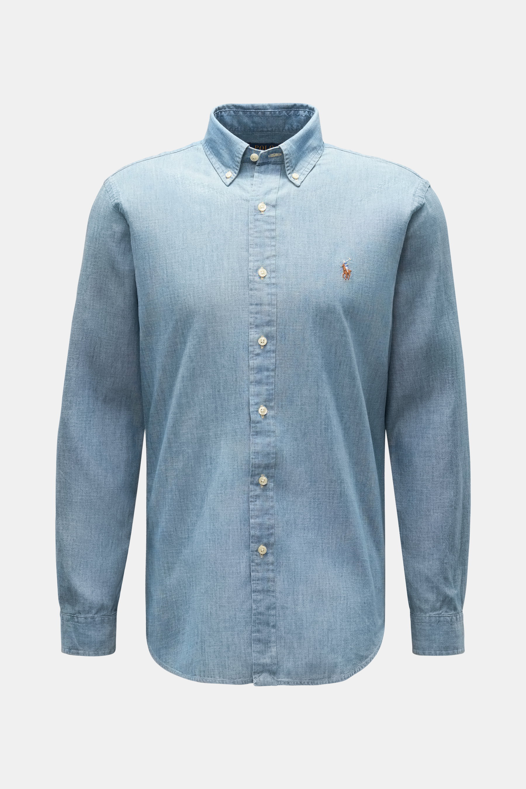 Front view of Polo Ralph Lauren Chambray shirt button-down collar smoke blue, slim fit, pure cotton chambray with multi-color polo player stitching, button placket, classic sport cuff, back yoke with box pleat, and rounded hem.