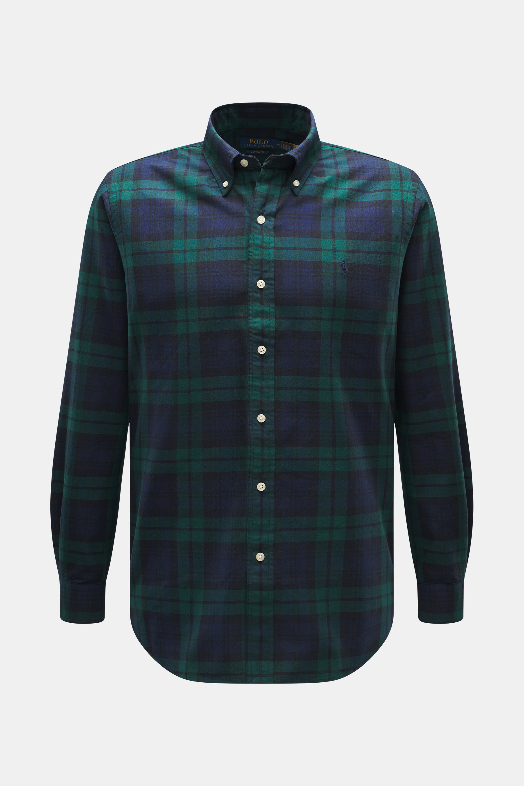 Polo Ralph Lauren Oxford-Hemd Button-Down-Kragen navy/grün kariert, frontale Ansicht, weicher Griff, reine Baumwolle, klassisches Karo, Regular Fit, Polospieler-Stitching, Knopfleiste, Sportmanschette, Rückenpasse, gerundeter Saum.