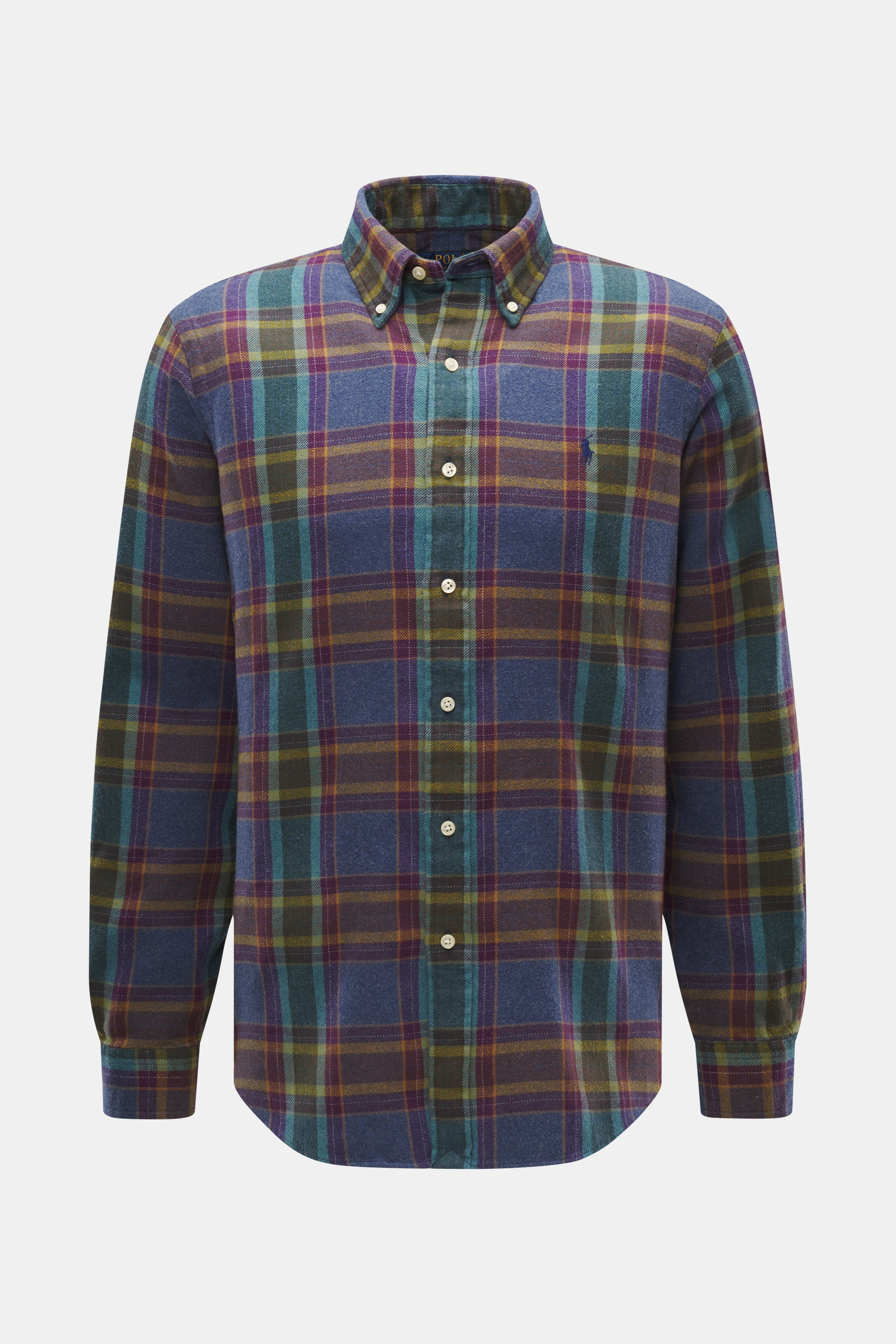 Polo Ralph Lauren Flannel Shirt Button-Down Collar Grey Blue/Purple/Mint Checkered shown from front, soft cotton flannel, button-down collar, tonal logo, classic check, regular fit, stitched button placket, sport cuff, back yoke with pin tuck pleat, round