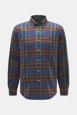 Polo Ralph Lauren Flannel Shirt Button-Down Collar Grey Blue/Purple/Mint Checkered shown from front, soft cotton flannel, button-down collar, tonal logo, classic check, regular fit, stitched button placket, sport cuff, back yoke with pin tuck pleat, round