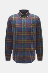 Polo Ralph Lauren Flannel Shirt Button-Down Collar Grey Blue/Purple/Mint Checkered shown from front, soft cotton flannel, button-down collar, tonal logo, classic check, regular fit, stitched button placket, sport cuff, back yoke with pin tuck pleat, round