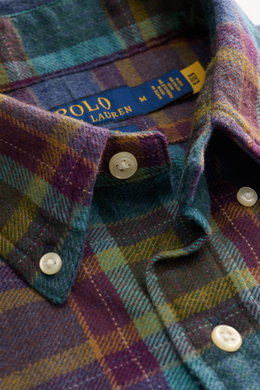 Close-up top view of Polo Ralph Lauren Flannel Shirt Button-Down Collar Grey Blue/Purple/Mint Checkered soft cotton collar with cream buttons and brand label.