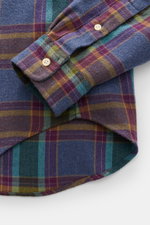 Close-up top-down view of Polo Ralph Lauren Flannel Shirt Button-Down Collar Grey Blue/Purple/Mint Checkered cuff and hem showing soft cotton fabric and detailed stitching.

Description:  
<p>Pleasantly soft checkered classic with attention to detail: Thi