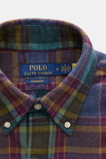 Polo Ralph Lauren Flannel Shirt Button-Down Collar Grey Blue/Purple/Mint Checkered shown from close-up front top view, soft cotton flannel, classic checkered design with button-down collar and stitched placket. Pleasantly soft checkered classic with atten