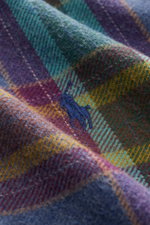 Close-up fabric view of Polo Ralph Lauren Flannel Shirt Button-Down Collar Grey Blue/Purple/Mint Checkered, showing soft cotton texture and tonal embroidered logo, photographed from a side angle highlighting the classic checkered design and stitching deta