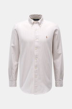 Polo Ralph Lauren Oxford-Hemd Button-Down-Kragen beige/weiß gestreift, Slim Fit, reine Baumwolle, Brust-Stitching, frontale Nahaufnahme.