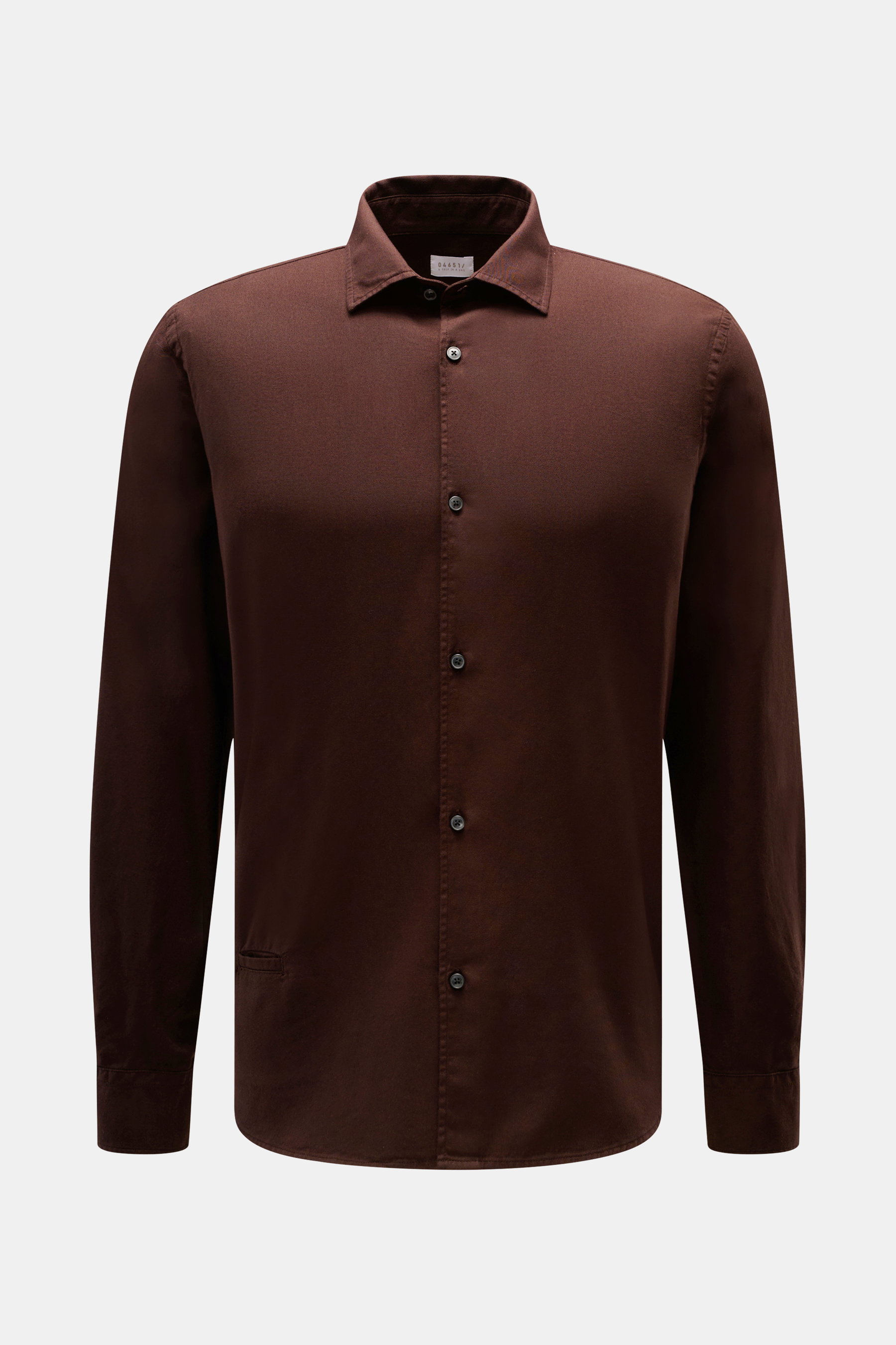 Front view of the 04651/ A trip in a bag Casual Shirt 'Winter Cotton' Kent Collar dark brown in fine cotton gabardine, soft feel, regular fit, French placket, small welt pocket, classic sport cuff, slightly rounded hem with short hem slits, showcasing sty