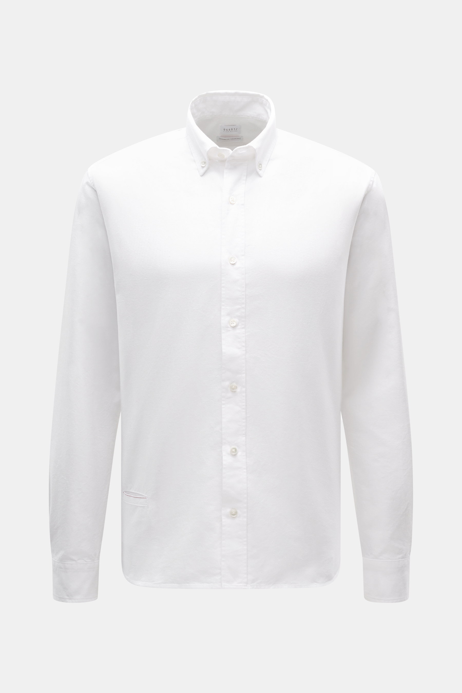 Front view of 04651/ A trip in a bag Oxford shirt 'Selvedge Shirt' button-down collar white, Japanese selvedge oxford pure cotton, lightly textured feel, oversized fit, button-down collar, patch button placket, small welt pocket, selvedge details, classic
