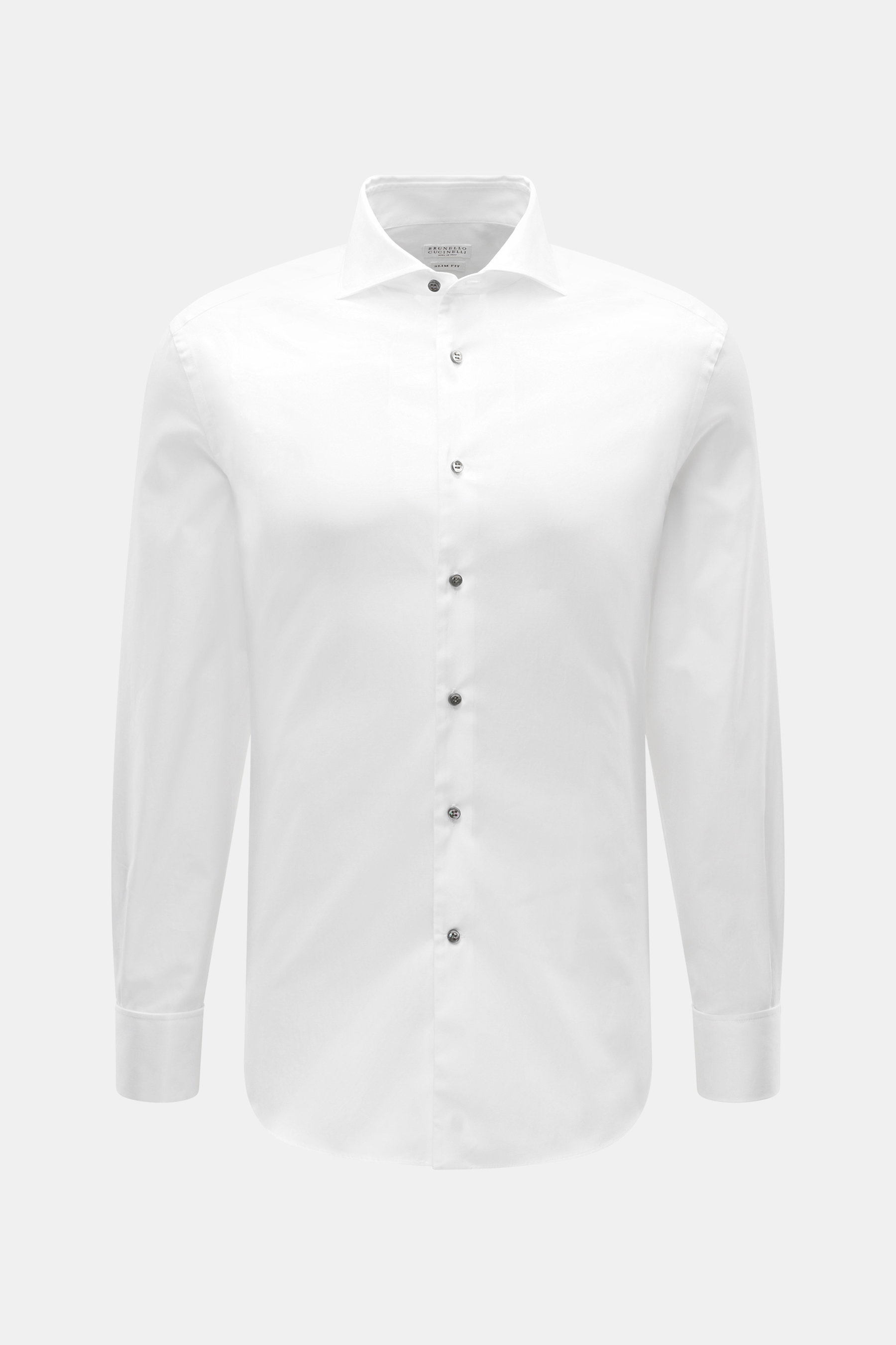 Front view of the Brunello Cucinelli Casual Shirt Shark Collar White in pure cotton gabardine, slim fit with French placket and mother-of-pearl buttons. 

Timeless sophistication: The BRUNELLO CUCINELLI shirt combines pure cotton gabardine with elegant re