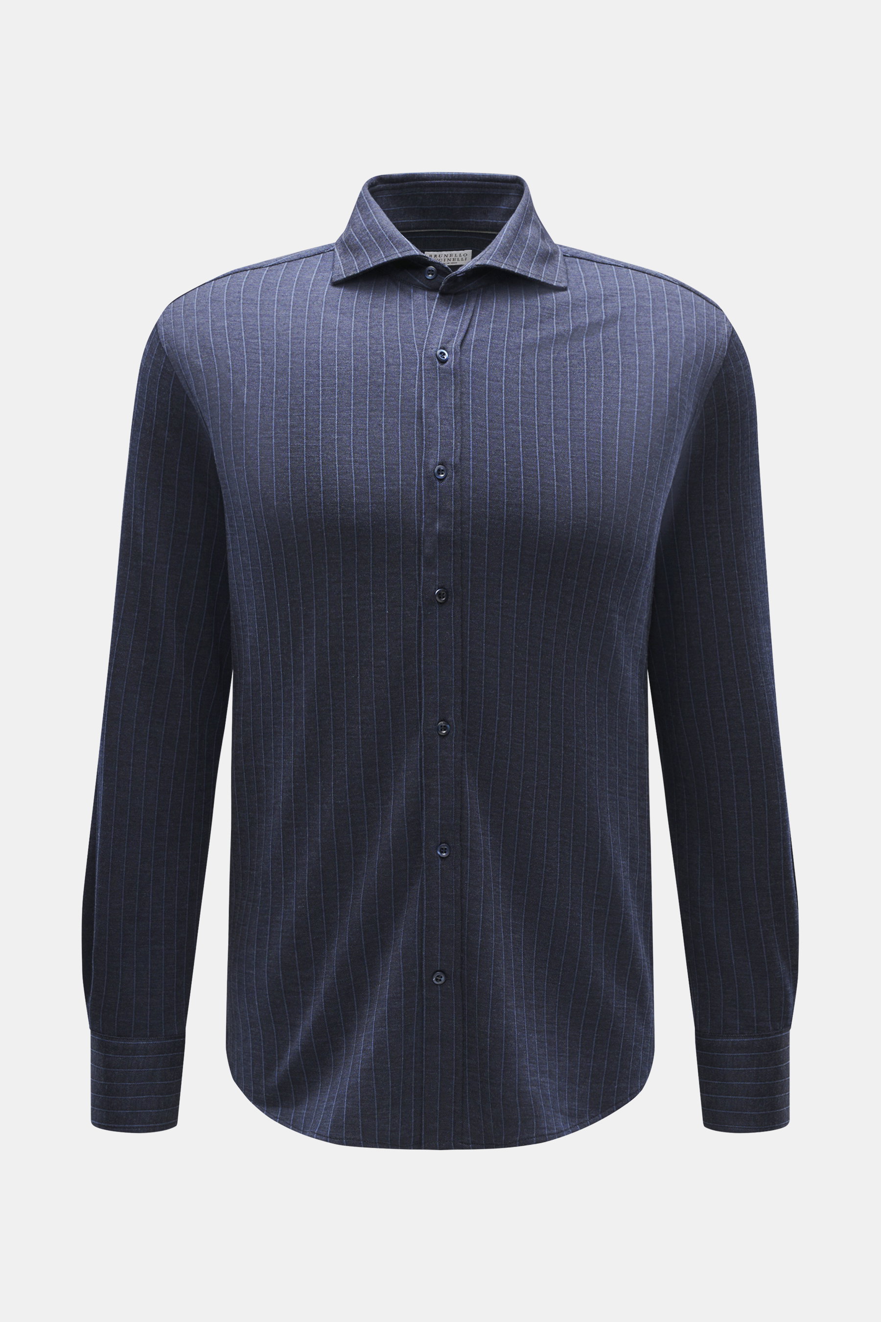 Brunello Cucinelli Jersey-Hemd Haifisch-Kragen dunkelblau gestreift, Nadelstreifenmuster, Regular Fit, weicher Woll-Mix, frontale Nahaufnahme.